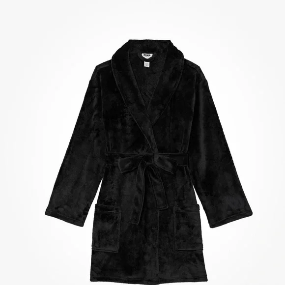 New Victoria's Secret PINK Robe Plush Black Logo NWT Great for college dorm - Picture 3 of 8